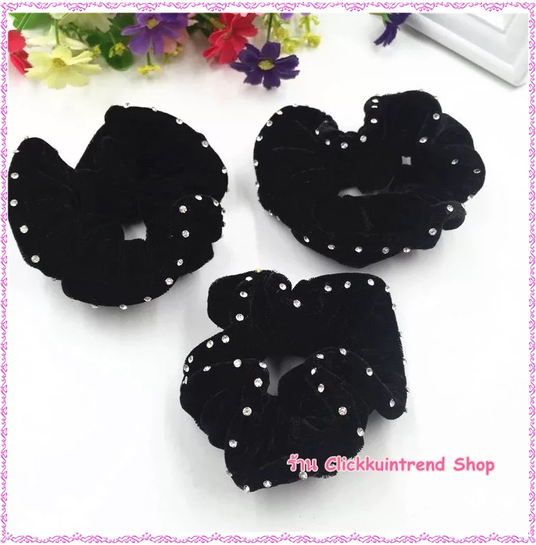 โดนัดรัดผม ผ้ากำมะหยี่ สีดำ ประดับเพชร เส้นผ่าศูนย์กลาง 11 ซ.ม. ขายส่ง เซต 10 ชิ้น