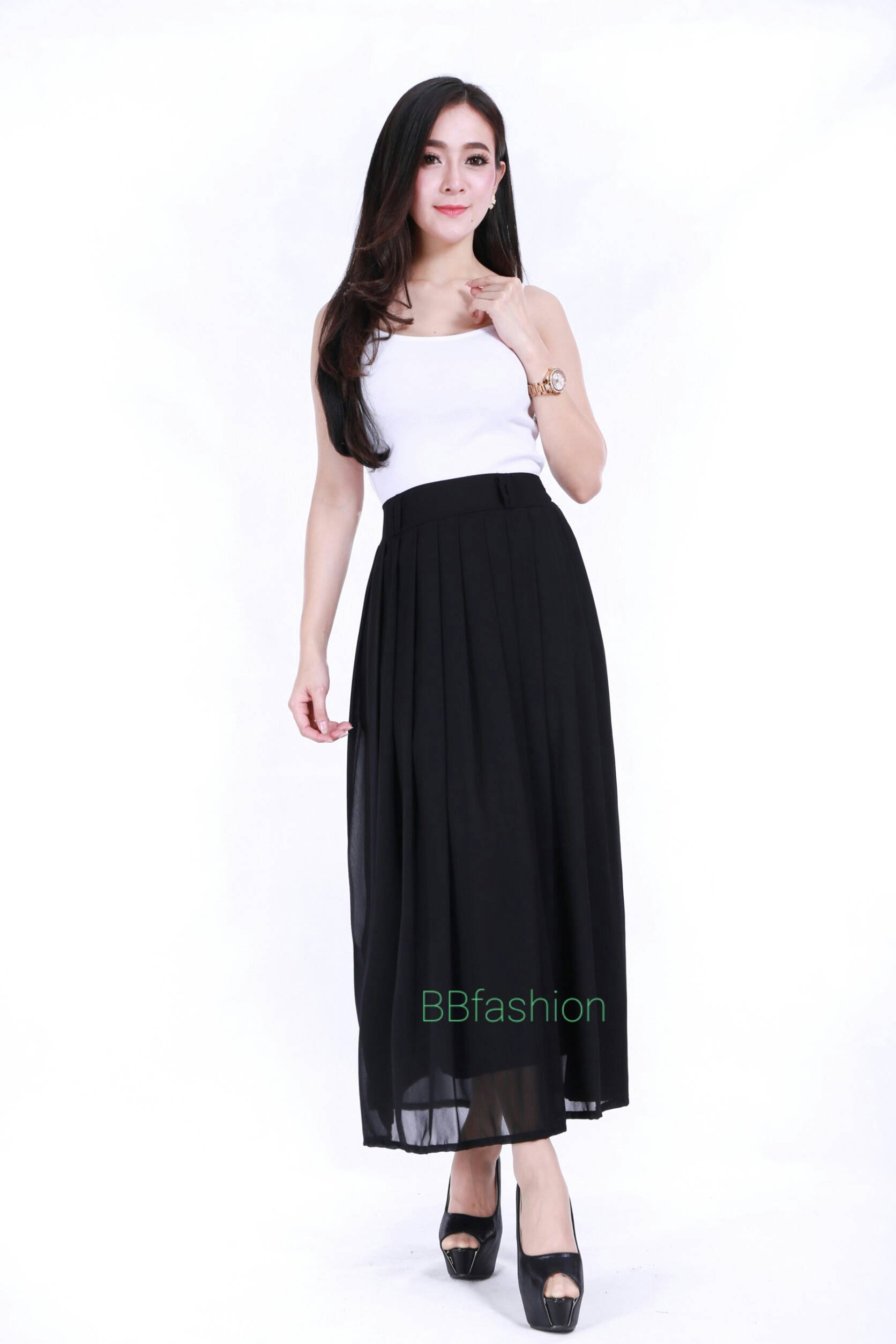 กระโปรงชีฟอง ยาว ทวิชหน้า (ไม่มีกระเป๋า) ขนาด Free size สีดำ