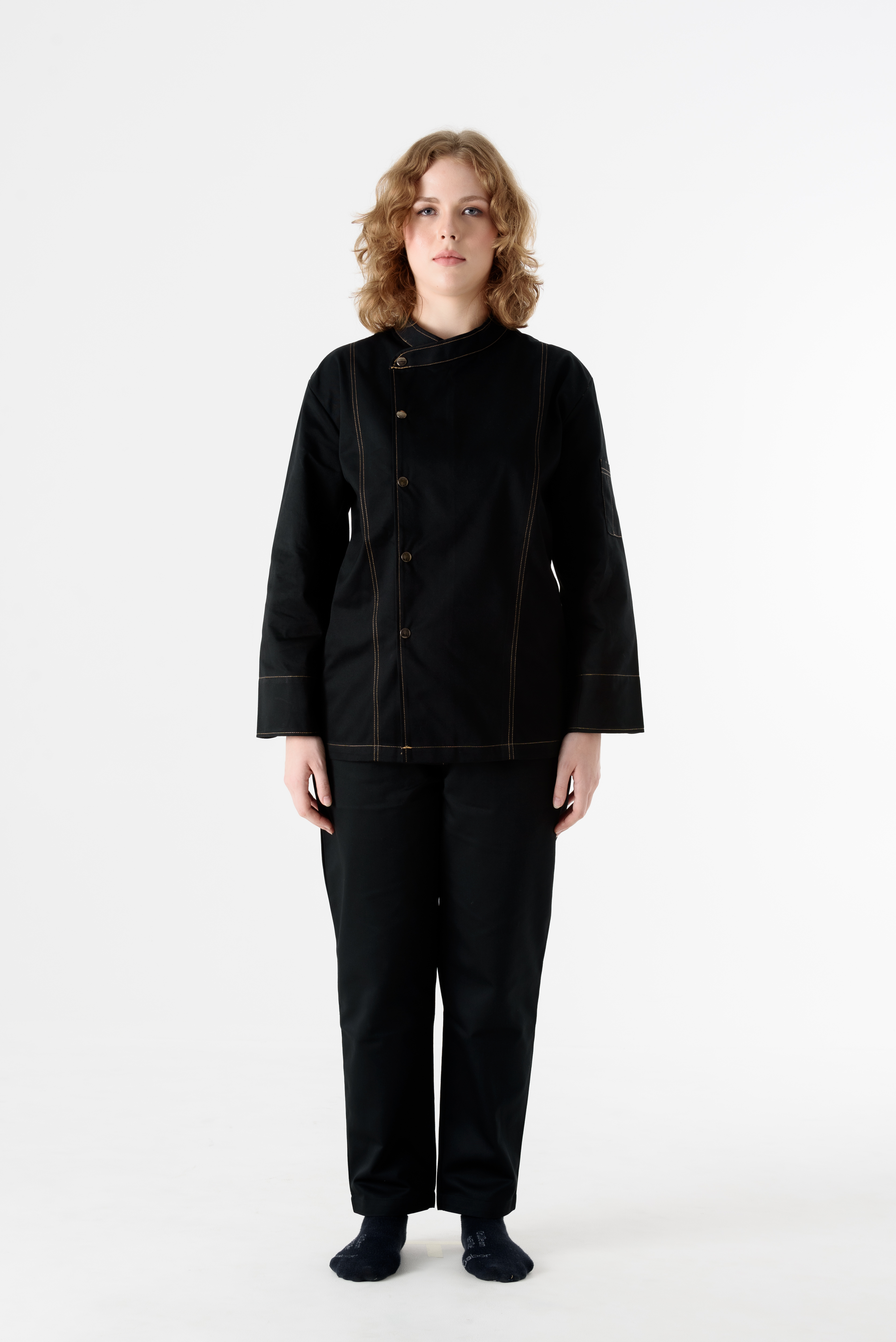 DFS023 Chef Jacket in black with metal snap botton เสื้อเชฟสากล สีดำ กระดุมแป็ก