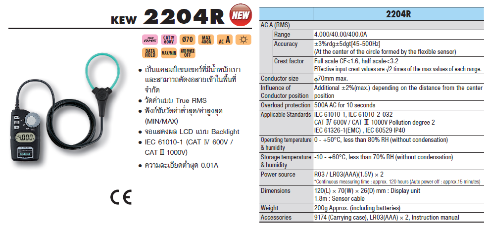 Kyoritsu แคล้มป์มิเตอร์แบบดิจิตอล รุ่น KEW 2204R