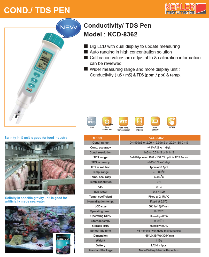 เครื่องวัดค่าความนำไฟฟ้าของของเหลวแบบปากกา (Pen Type EC / TDS Meter) แบรนด์ : KEPLER รุ่น : KCD-8362