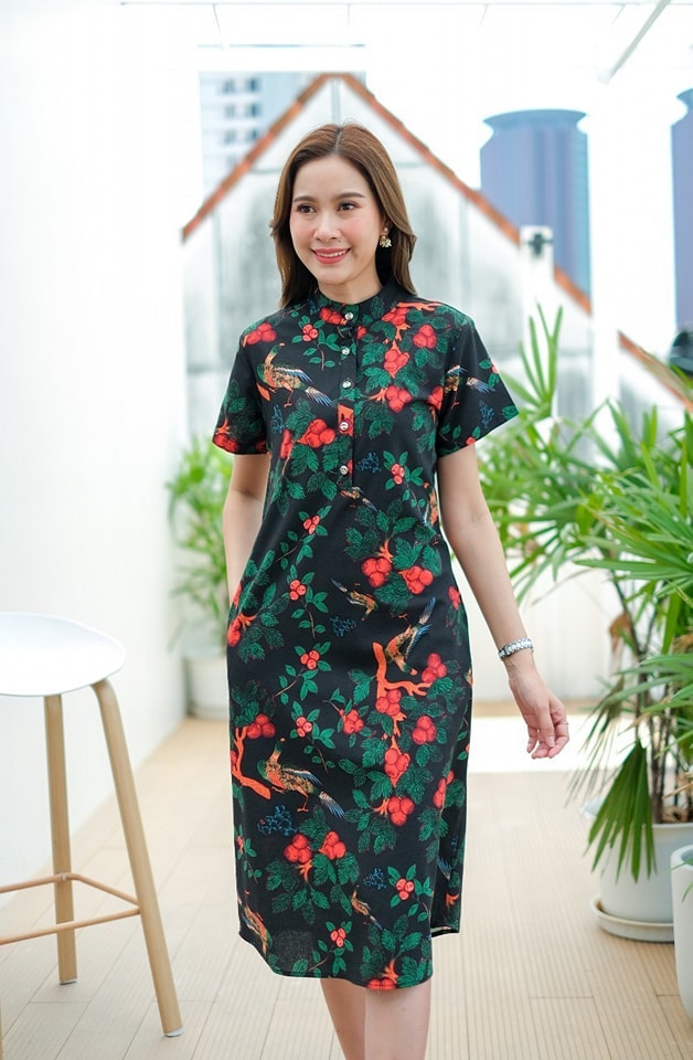 เดรส #8419 ลินินผสมฝ้ายพิมพ์ลายดอกไม้สีสดใส ผ้าดีเนื้อนิ่ม ใส่สบาย ไม่ร้อน แบบสวยใส่ได้หลายโอกาส