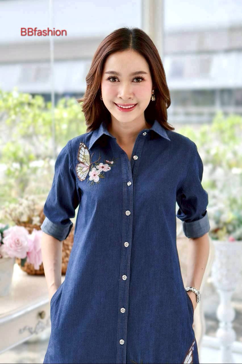เดรสยีนส์ # 8812 ชุดยีนส์ปักลายดอกไม้ ผ้ายีนส์เนื้อนิ่มไม่หนา แบบสวยใส่สบายใส่ได้หลายโอกาส