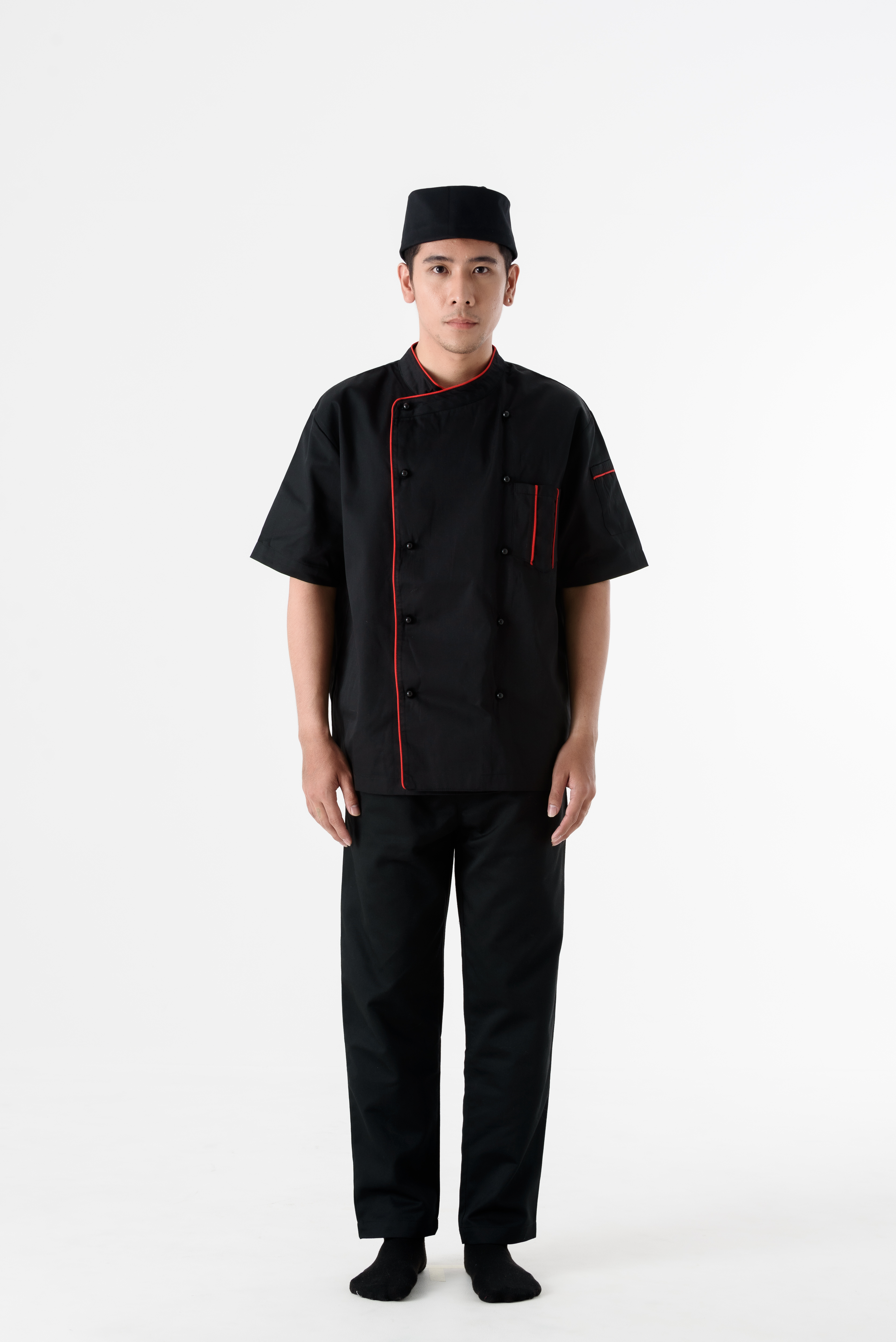 DFS011 Chef Uniform ชุดเชฟสากล (black with red piping and black buttons, สีดำ)