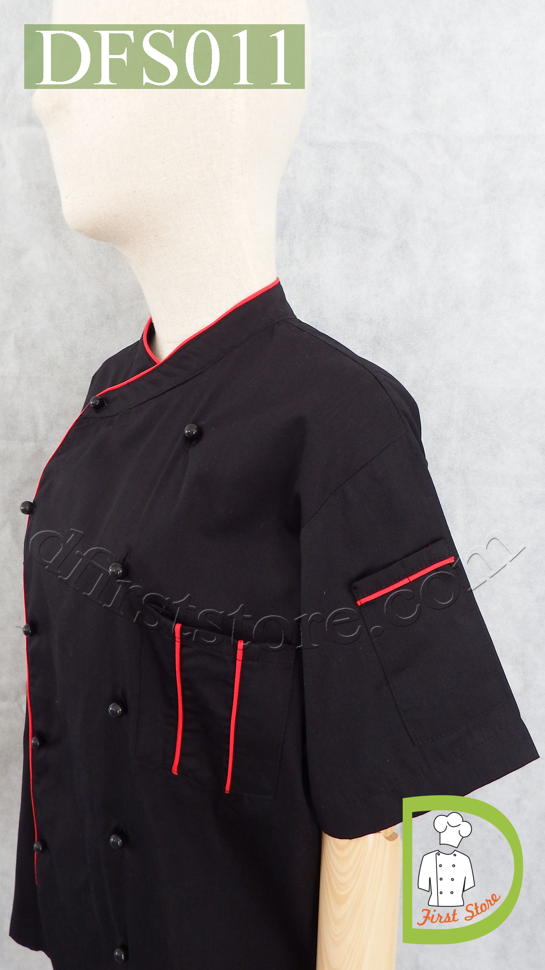 DFS011 Chef Uniform ชุดเชฟสากล (black with red piping and black buttons, สีดำ)
