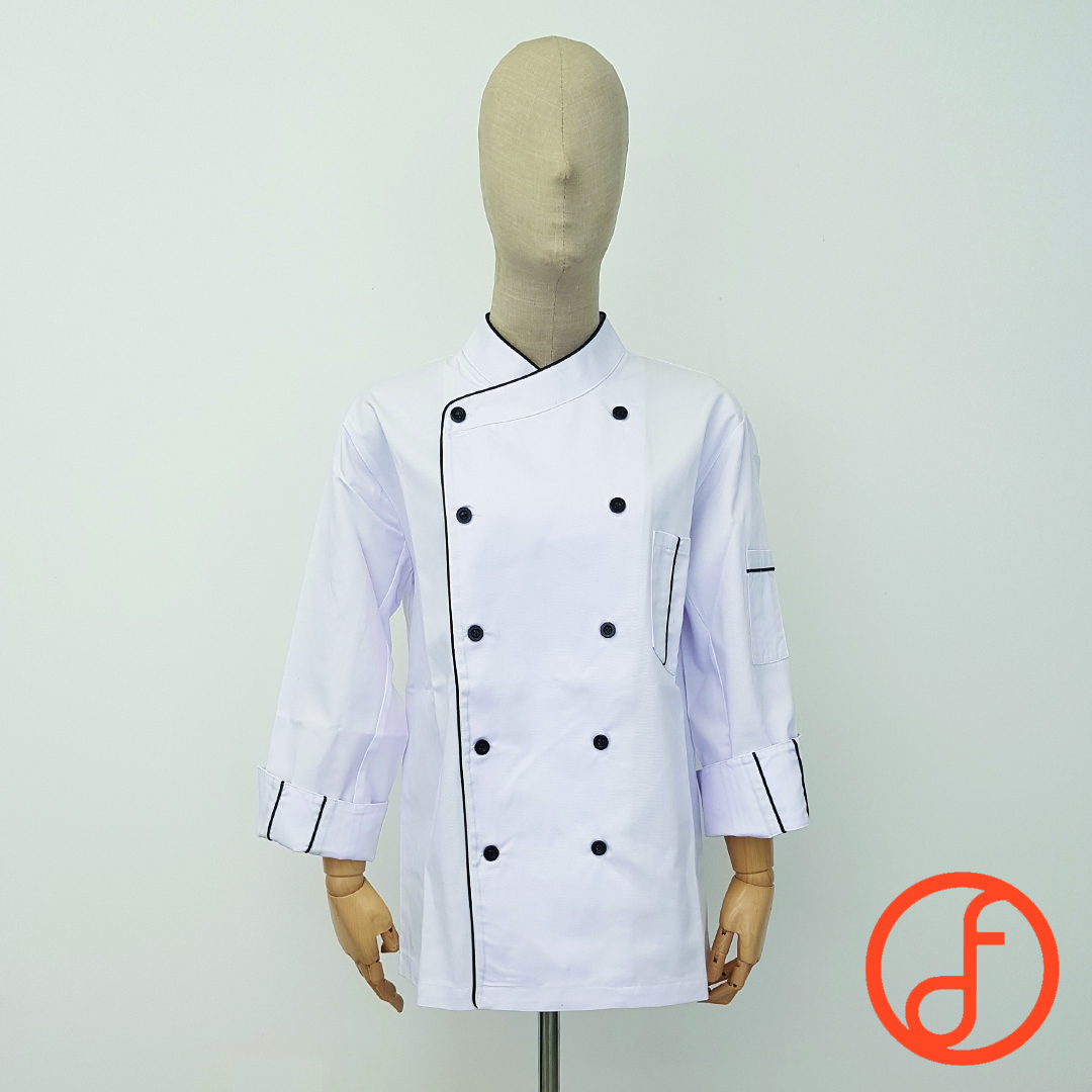 DFS003 Chef Jacket in white with black piping เสื้อเชฟสากล สีขาวคลิบดำ