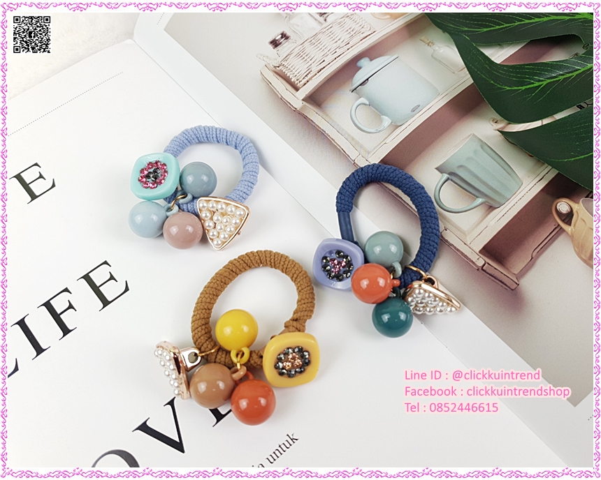 ยางรัดผม เส้นใหญ่พันด้าย ร้อยตุ้งติ้ง มุก+เพชร งานสไตล์เกาหลี ขายส่ง เซต 10 ชิ้น