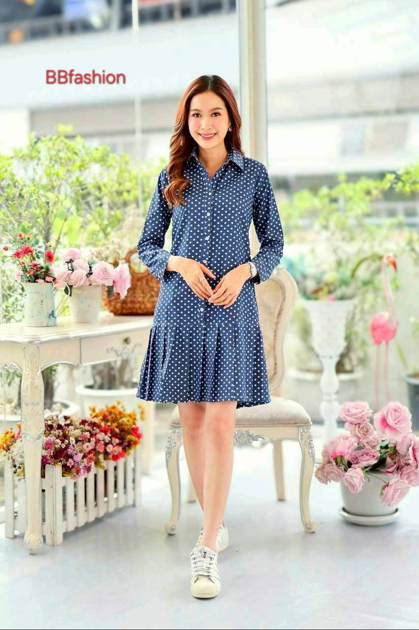 เดรสยีนส์ #8730 ผ้ายีนส์เนื้อนิ่มคอเชิ้ตแต่งระบายชายน่ารัก แบบสวยใส่ได้หลายโอกาส