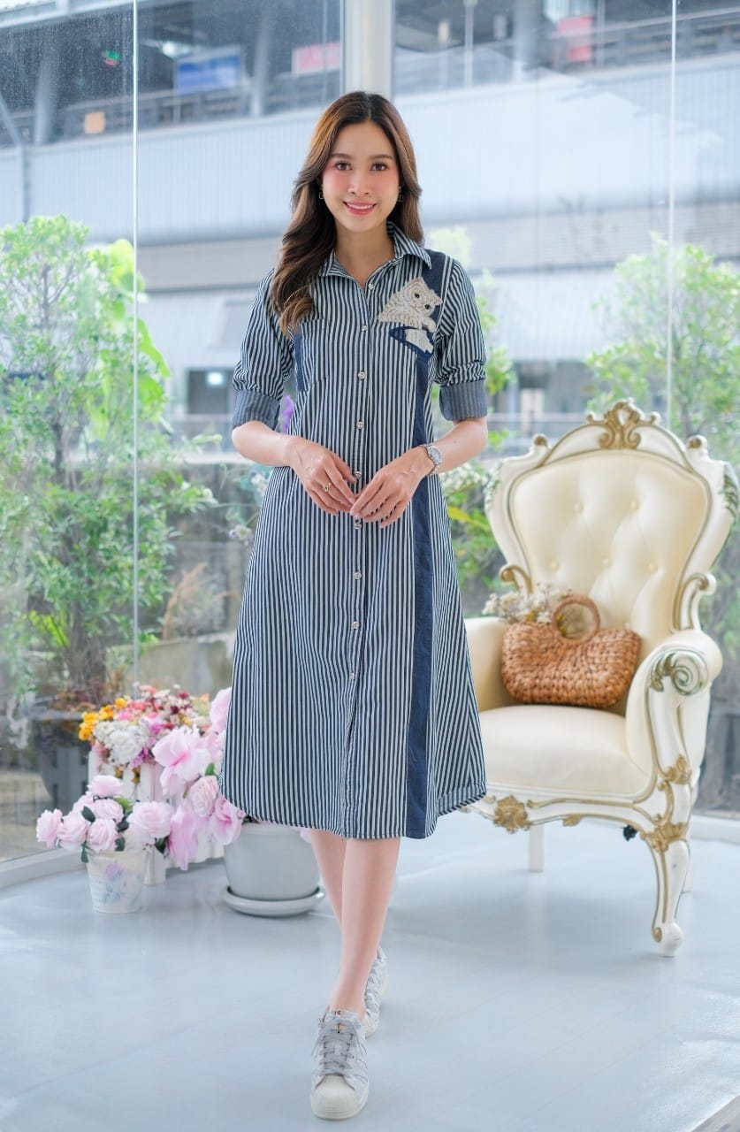 ชุดยีนส์ #8335 ลายริ้วปักลายสัตว์เก๋มาก ผ้ายีนส์แท้เนื้อนิ่ม ใส่สบาย ไม่ร้อน ใส่ได้หลายโอกาส