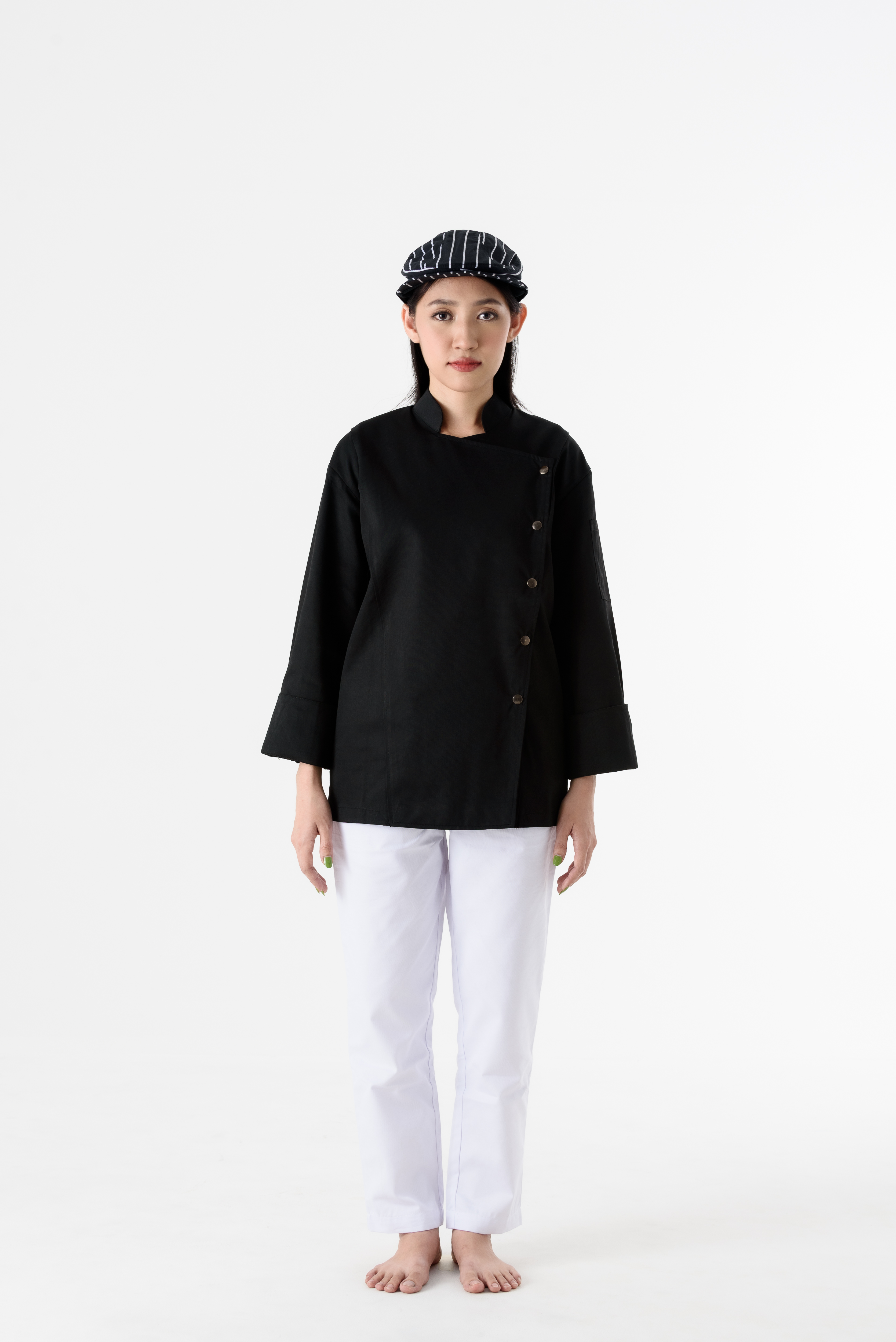 DFS023 Chef Jacket in all black with metal snap botton เสื้อเชฟสากล สีดำ กระดุมแป็กข้างซ้าย