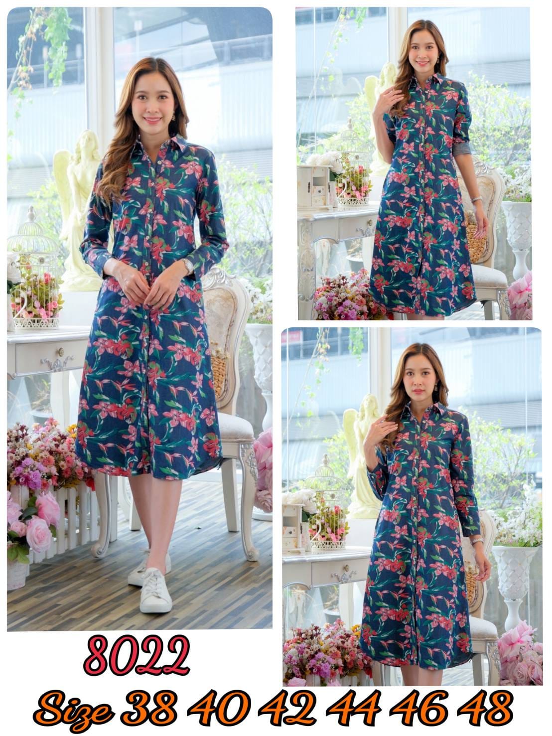 เดรสยีนส์ # 8022 ชุดยีนส์แบบสวยพิมพ์ลายดอกไม้สีสดใสสวยมาก ผ้ายีนส์ไม่หนา ใส่สบาย ใส่ได้หลายโอกาส