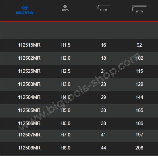 คิง โทนี่ : ประแจแอล หกเหลี่ยม ยาว King Tony : Extra Long Arm Type Hex Key (1125MR)