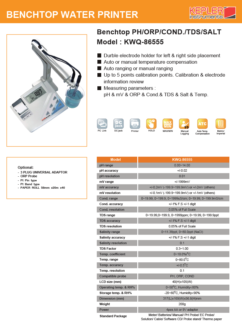 เครื่องวัดคุณภาพน้ำแบบตั้งโต๊ะ (Bench Top Water Quality Testers) แบรนด์ : KEPLER รุ่น : KWQ-86555