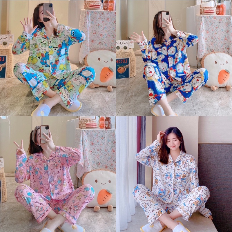 เสื้อผ้าแฟชั่นผู้หญิง ชุดนอนคอตต้อน ลายใหม่ฮิต ผสมการ์ตูน เสื้อแขนยาวกระดุมหน้าคอปกกางเกง