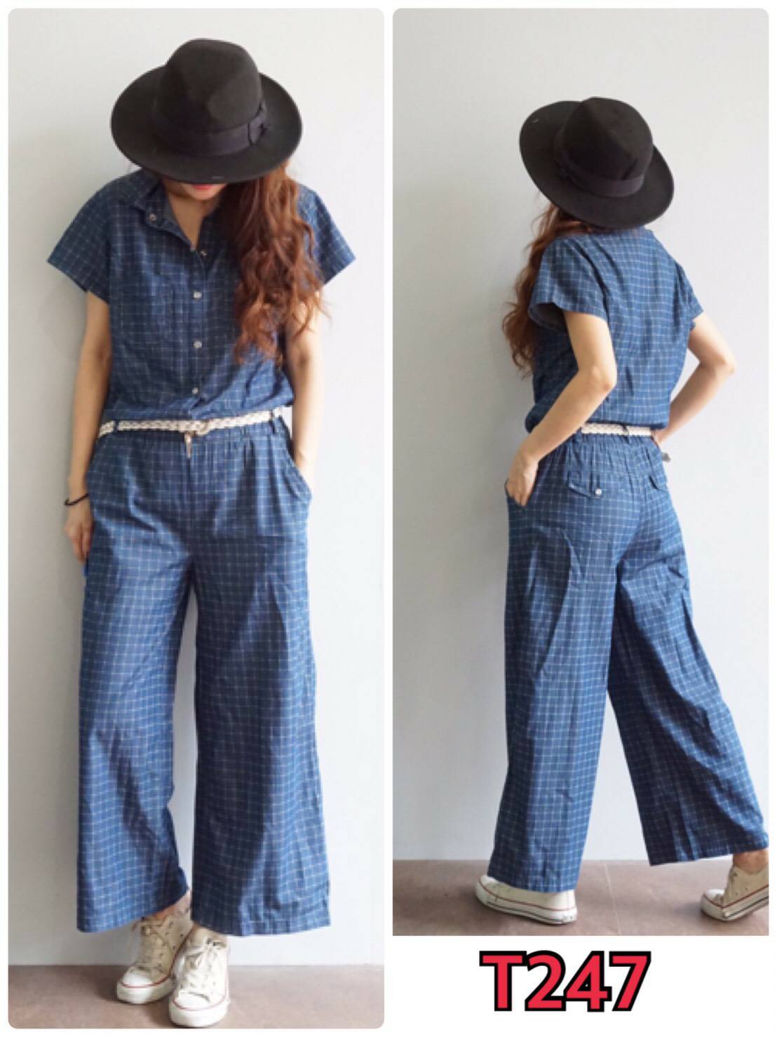 ชุดยีนส์ จัมพ์สูทยาว แขนสั้น ลายตาราง สวยมาก ขนาด Free size สียีนส์เข้ม