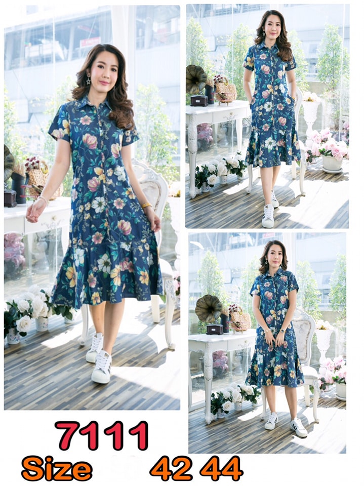 เดรสยีนส์ #7111 ชุดยีนส์พิมพ์ลายดอกไม้สวยหรู มีไซส์ รอบอก 42" 44" ผ้ายีนส์เนื้อนิ่ม ใส่สบาย ไม่ร้อน ลายสวยสดใส