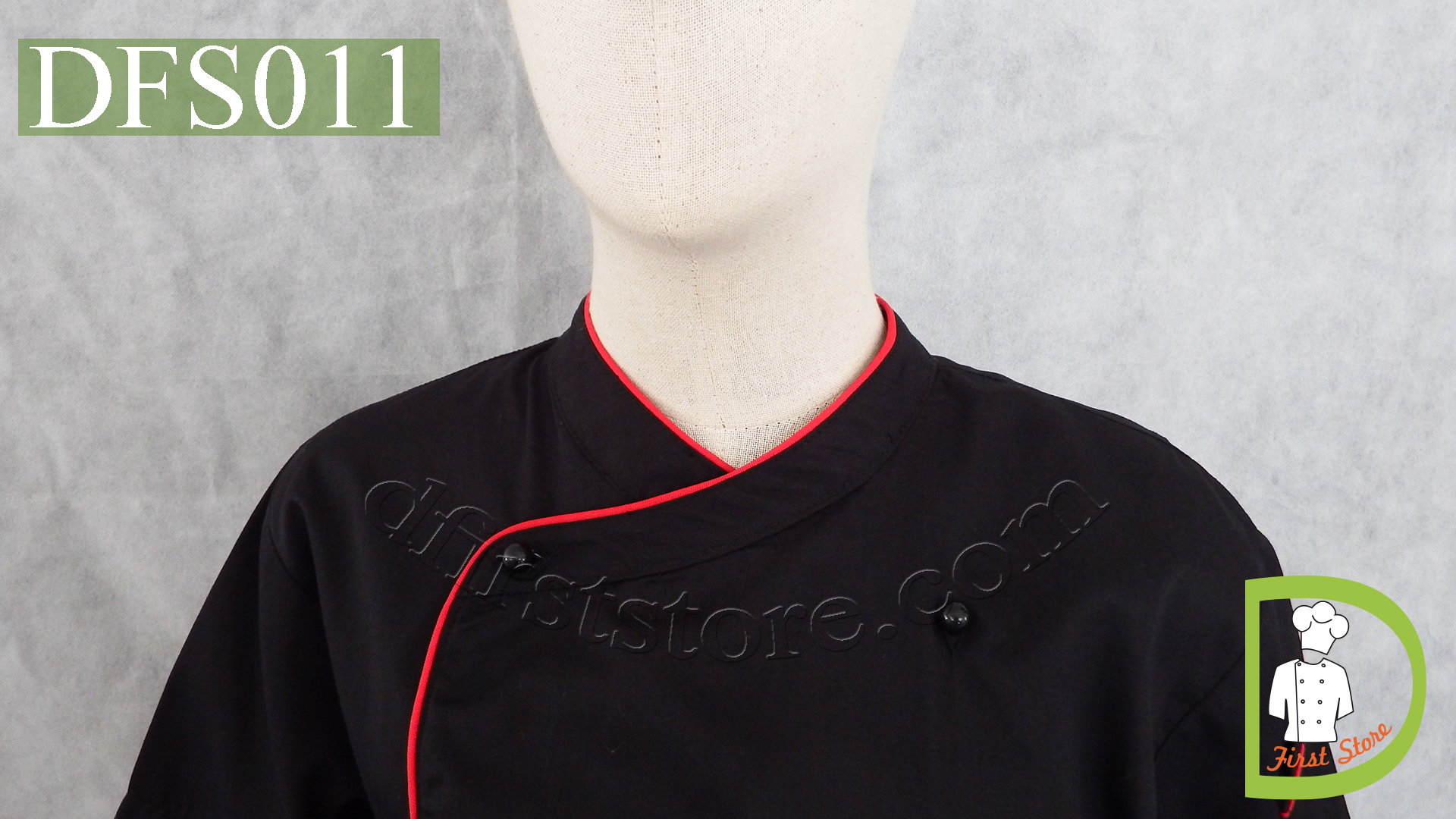 DFS011 Chef Uniform ชุดเชฟสากล (black with red piping and black buttons, สีดำ)