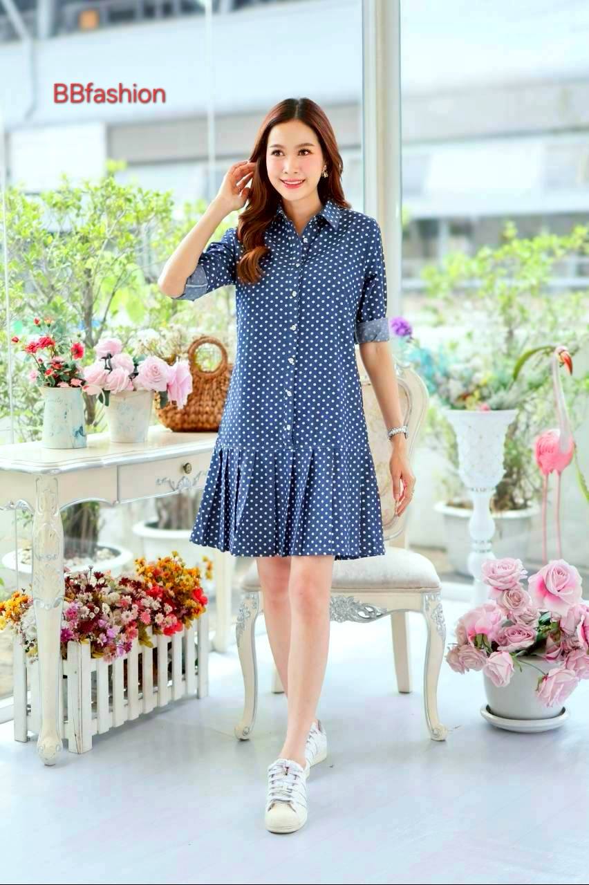 เดรสยีนส์ #8730 ผ้ายีนส์เนื้อนิ่มคอเชิ้ตแต่งระบายชายน่ารัก แบบสวยใส่ได้หลายโอกาส