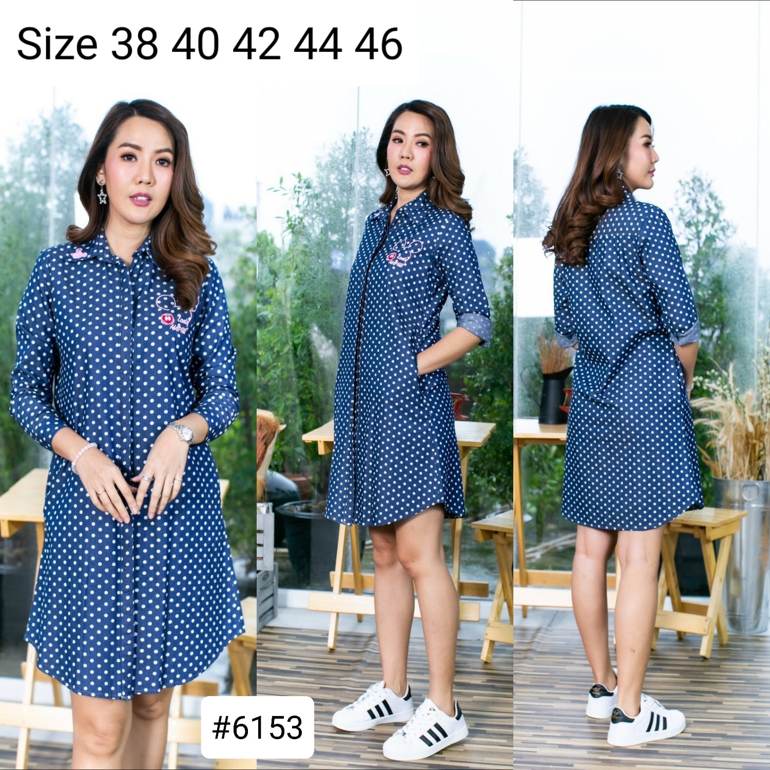 Size 38" 40" 42" 44" 46" เดรสยีนส์คอเชิ้ต (ชุดยีนส์ยาว) ผ้ายีนส์เนื้อนิ่ม ใส่สบาย ไม่ร้อน ลายจุดปักลายที่อก สวย ใส่ได้หลายโอกาส