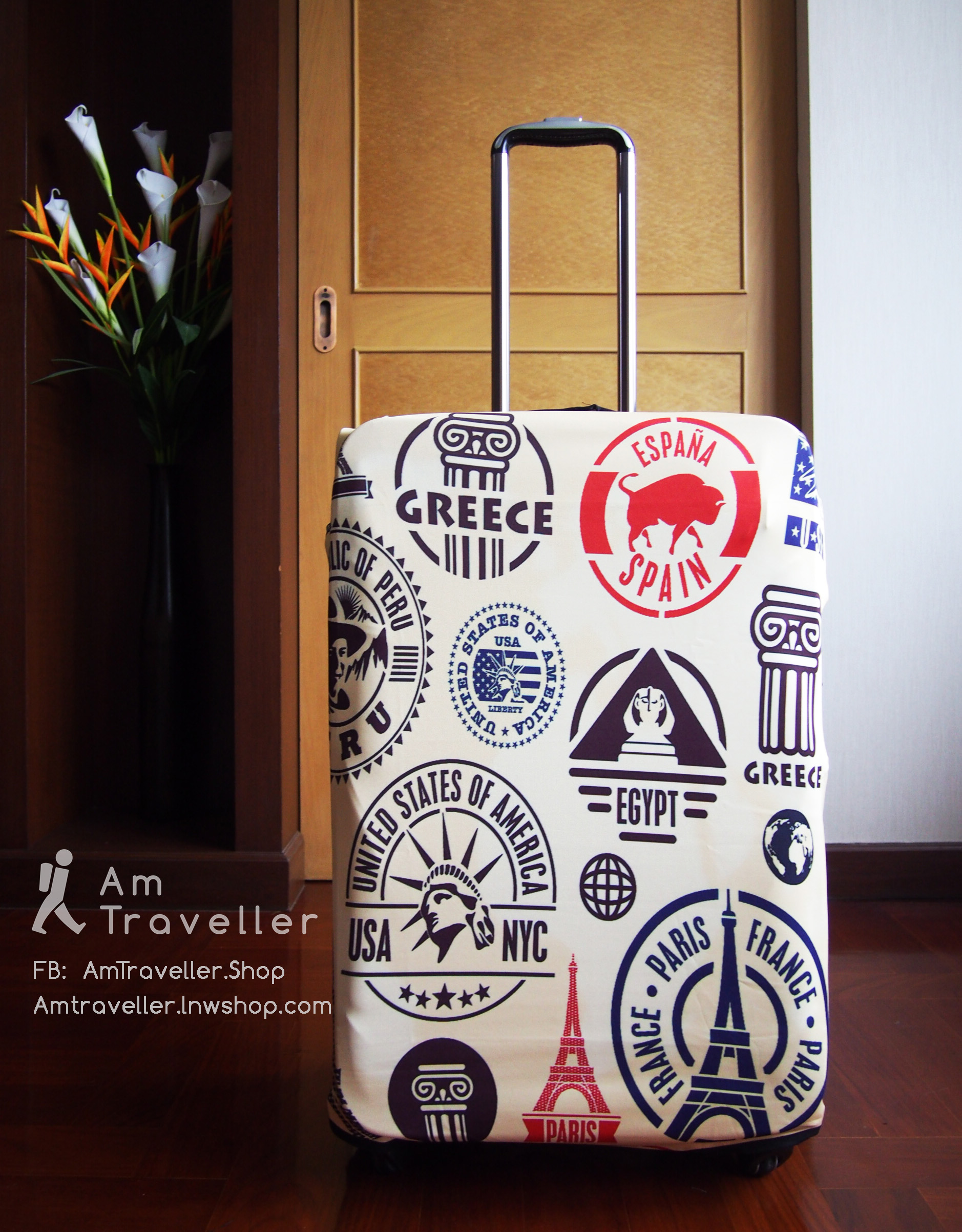 ผ้าคลุมกระเป๋าเดินทาง ลาย STAMP (รุ่นแถบตีนตุ๊กแก)