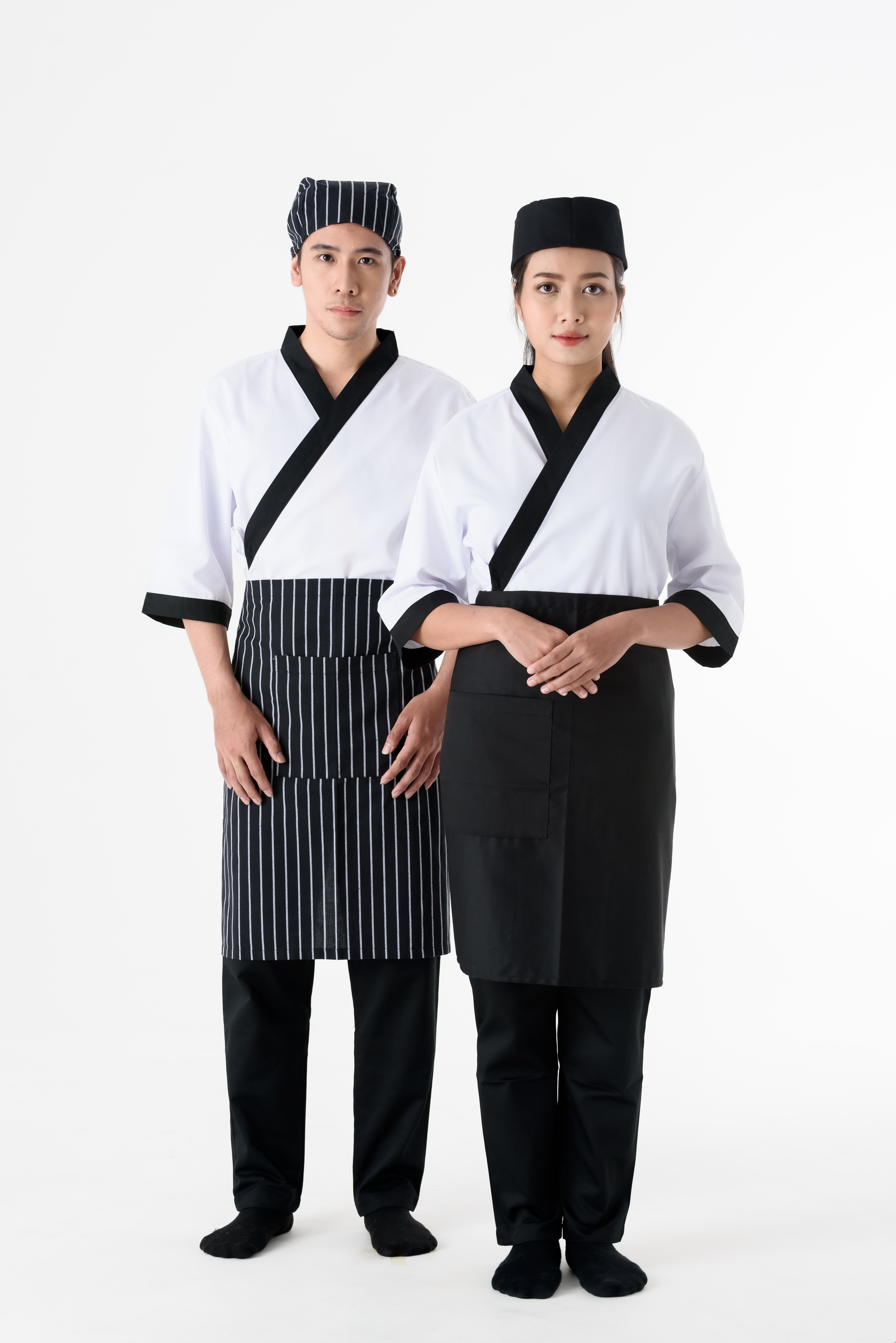 DFS008 White Japanese chef jacket (Samue style) with black rim ซามูเอะ ชุดเชฟ ญี่ปุ่น สีขาว กุ๊น สีดำ