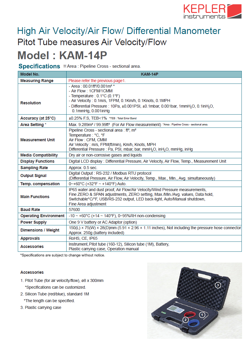 เครื่องวัดความเร็วลมแรงดันสูงแบบ Pitot Tube (High Pressure Pitot Tube Air Velocity/ Differential Manometer) แบรนด์ : KEPLER รุ่น : KAM-14P