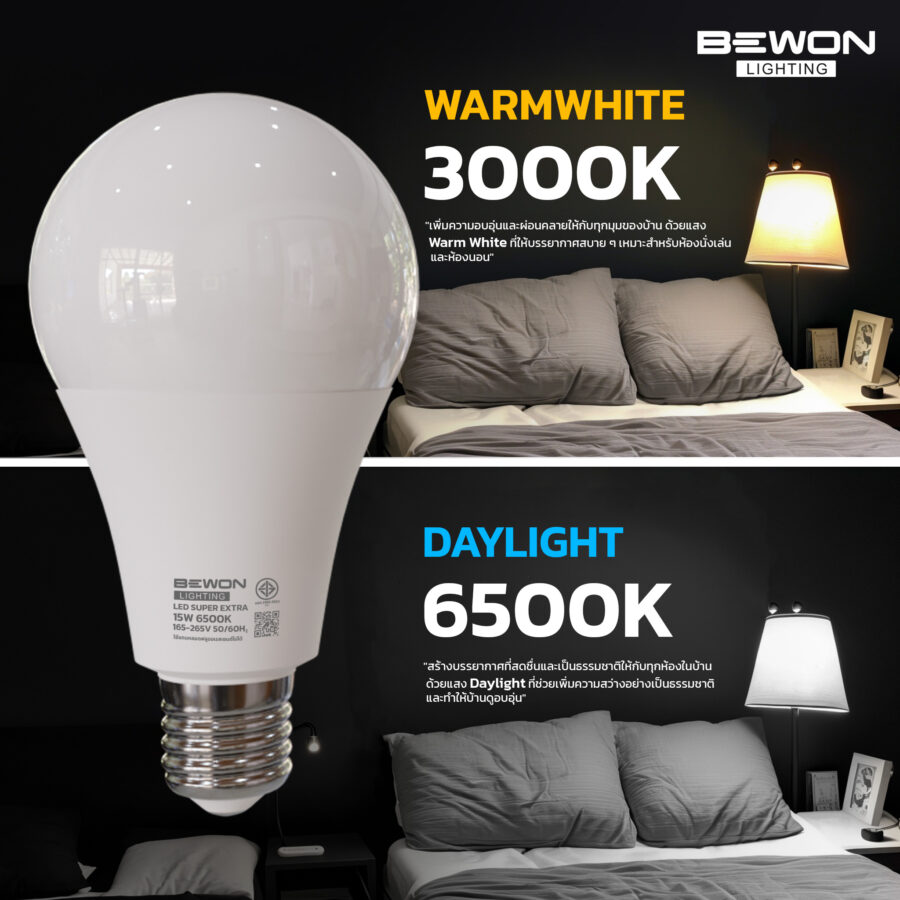หลอดไฟบับ SUPER EXTRA 12W Bulb ขั้ว E27 Bewon 1200LM แสงเดย์ไล้ท์ Daylight 6500K 220-240 VAC 50/60Hz BEWON