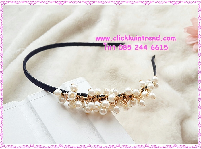 ที่คาดผม เหล็กพันริบบิ้นสีดำ ประดับพวงมุก งานสไตล์เกาหลี