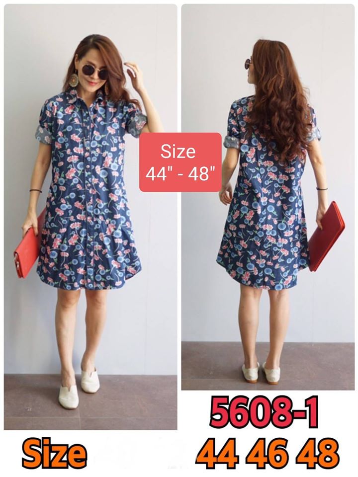 Size 44" / 46" / 48" เดรสยีนส์คอเชิ้ต (ชุดยีนส์ทรองเอ) ผลิตจากผ้ายีนส์เนื้อนิ่ม ใส่สบาย ไม่ร้อน พิมพ์ลายดอกไม้สวยมาก