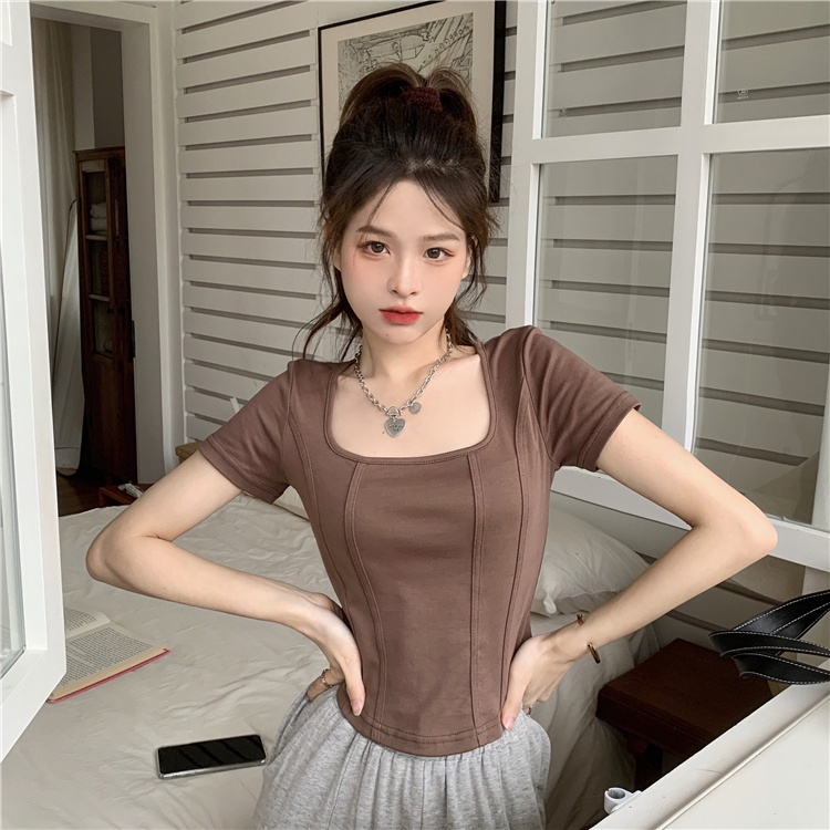 เสื้อผ้าแฟชั่นผู้หญิง เสื้อยืด แขนสั้นลายก้างปลา ผู้หญิง Bm แขนสั้นบางหวานและเผ็ด bella 002