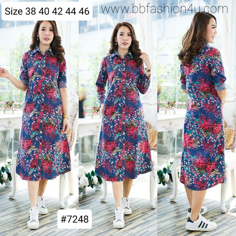 Size 38" 40" 42" 44" 46" เดรสยีนส์คอเชิ้ต(ชุดยีนส์ยาว) ผ้ายีนส์เนื้อนิ่ม ใส่สบาย ไม่ร้อน พิมพ์ลายดอกไม้สวยสดใส ใส่ได้หลายโอกาส