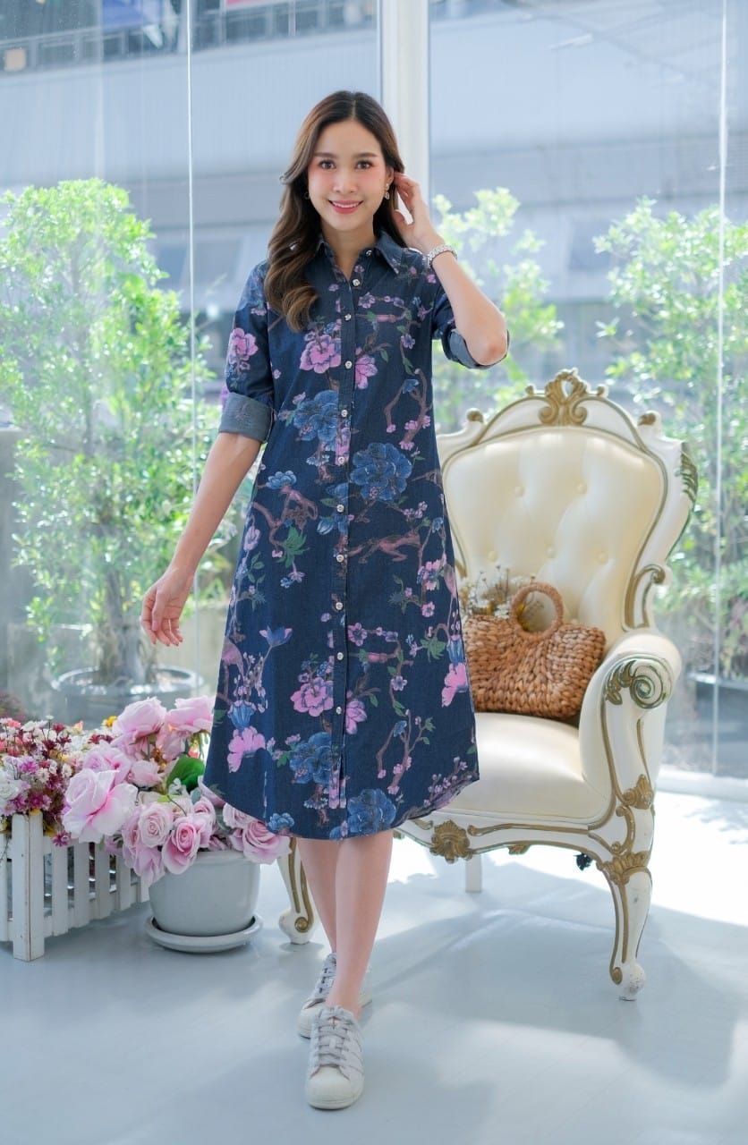 ชุดยีนส์ #8608 เดรสยีนส์แบบสวยพิมพ์ลายดอกไม้สวยหรู ผ้ายีนส์เนื้อนิ่มไม่หนา ใส่สบาย สินค้าขายดี