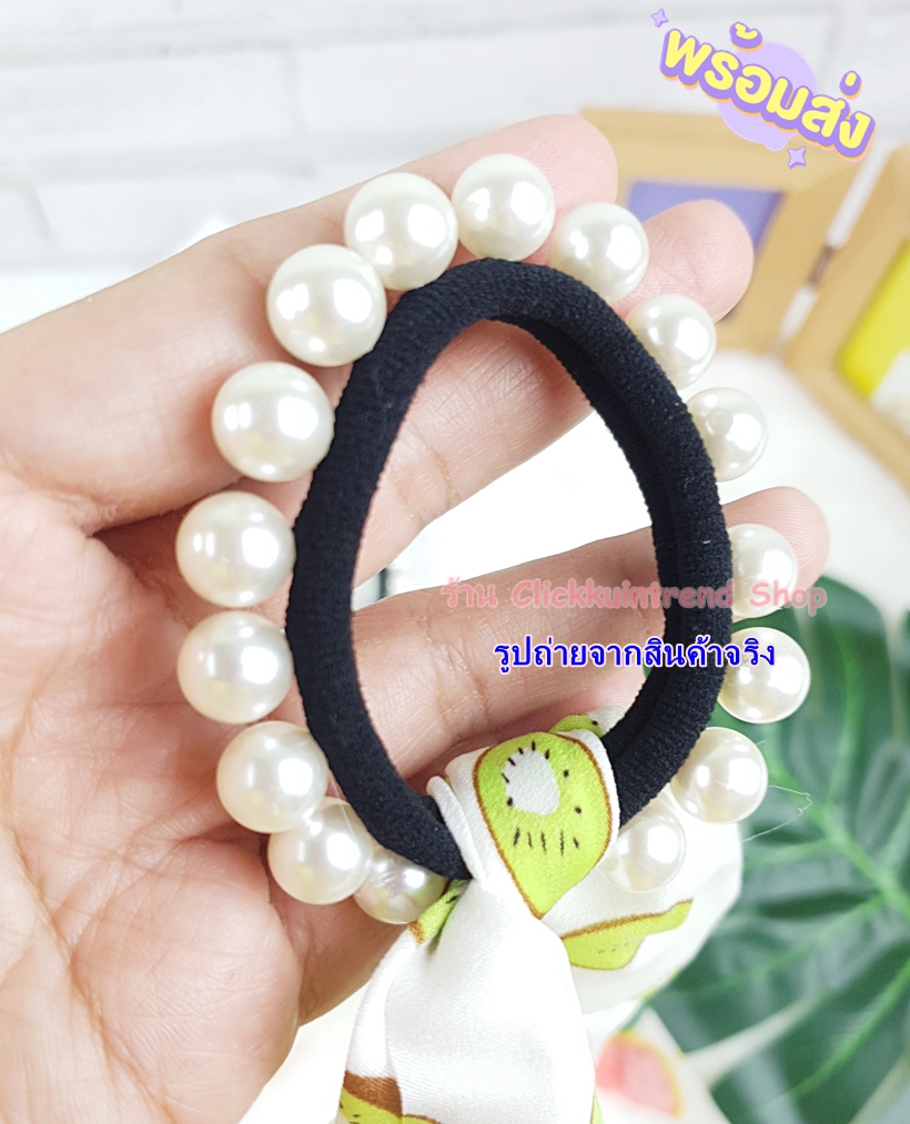 ยางรัดผม สีดำปักมุก ผูกโบผ้าพิมพ์ลายผลไม้ ผ้าเป็นแบบผูก สามารถแกะออกได้ ขายส่ง เซต 10 ชิ้น
