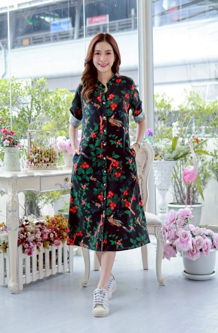 เดรสลินินผสมฝ้าย #8410 ชุดสีดำพิมพ์ลายสวยหรู ผ้าดีเนื้อนิ่มใส่สบายแบบสวยใส่ได้หลายโอกาส