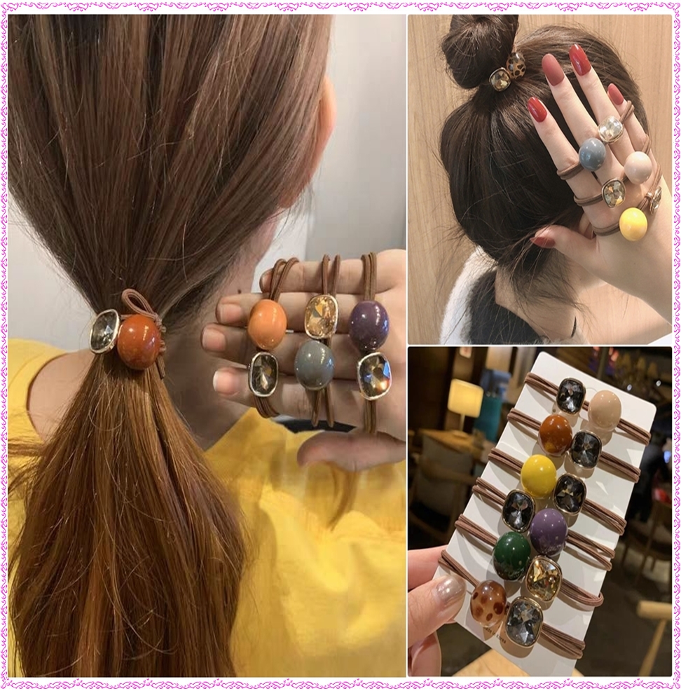 ยางรัดผม 2 เส้น สีน้ำตาล ร้อยลูกปัดกลม+คริสตัลสี่เหลี่ยม ขายส่ง เซต 10 ชิ้น