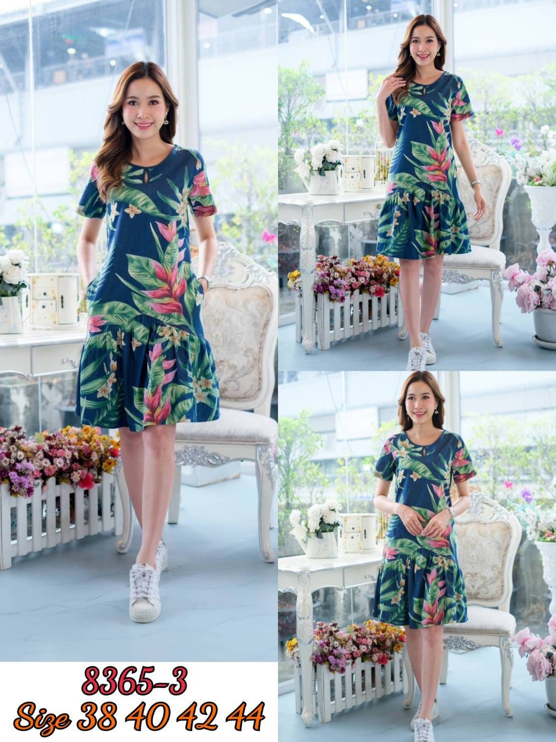 เดรสยีนส์ #8365-3 ผ้ายีนส์เนื้อนิ่มพิมพ์ลายดอกไม้สวยแต่งระบายชายน่ารักๆ ใส่สบาย ไม่ร้อน ใส่ได้หลายโอกาส