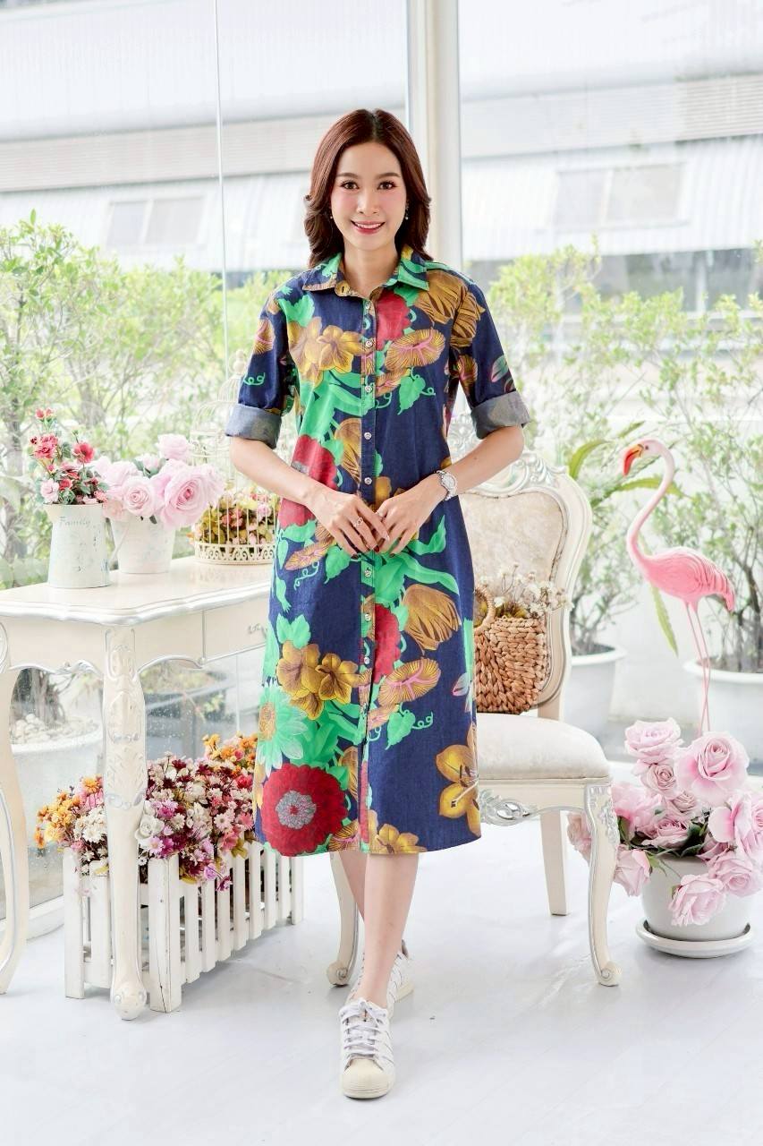 ชุดยีนส์ #8501-10 เดรสยีนส์พิมพ์ลายดอกไม้สวยหรู ผ้ายีนส์แท้เนื้อนิ่มแบบสวย ใส่สบายใส่ได้หลายโอกาส