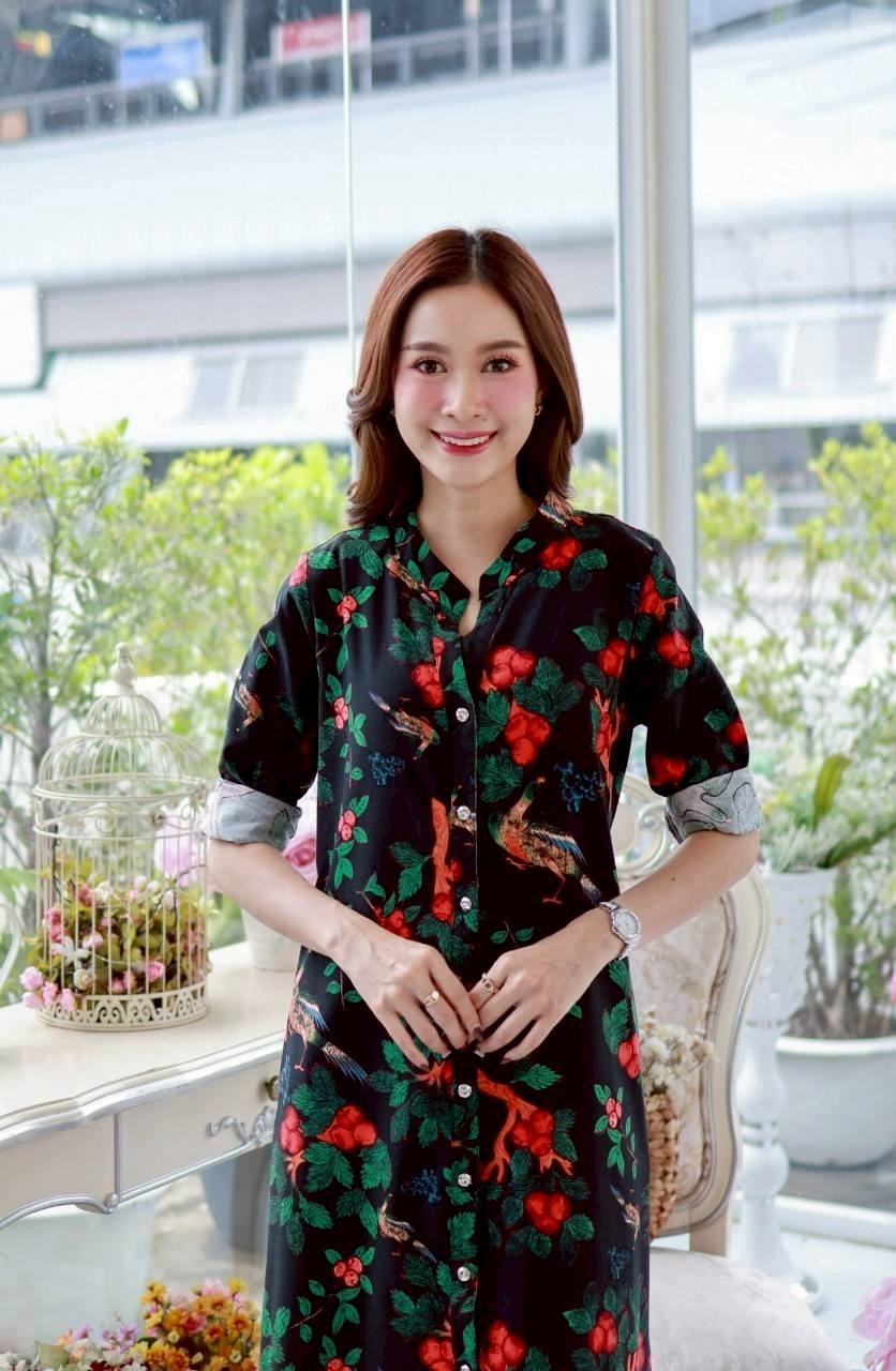 เดรสลินินผสมฝ้าย #8410 ชุดสีดำพิมพ์ลายสวยหรู ผ้าดีเนื้อนิ่มใส่สบายแบบสวยใส่ได้หลายโอกาส