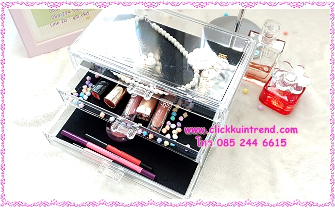 กล่องอะคลิลิกเนื้อหนา สำหรับจัดระเบียบ อุปกรณ์แต่งหน้า /หรือใส่เครื่องประดับ มี 3 ชั้น