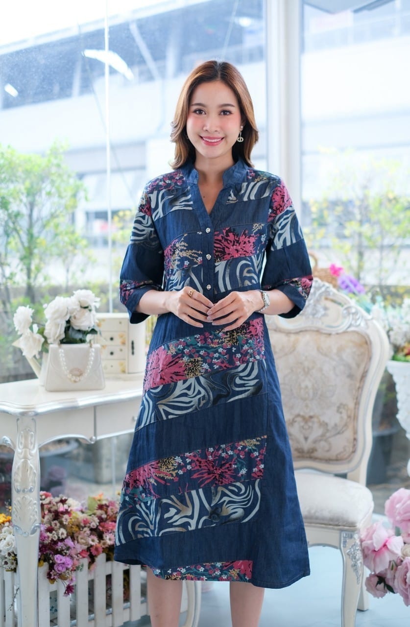 ชุดยีนส์ #8566 เดรสยีนส์แต่งลาย ผ้ายีนส์แท้เนื้อนิ่ม แบบเก๋ใส่สบาย ไม่ร้อน แบบสวยใส่ได้หลายโอกาส