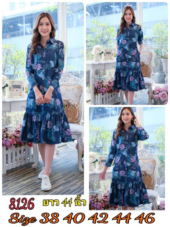 Size 44 เดรสยีนส์ยาว คอเชิ้ต แขนสั้น ผลิตจากผ้ายีนส์แท้เนื้อนิ่มพิมพ์ลายลายดอกไม้สวยมาก ผ้ายีนส์ฟอกนิ่มไม่หนาใส่สบาย