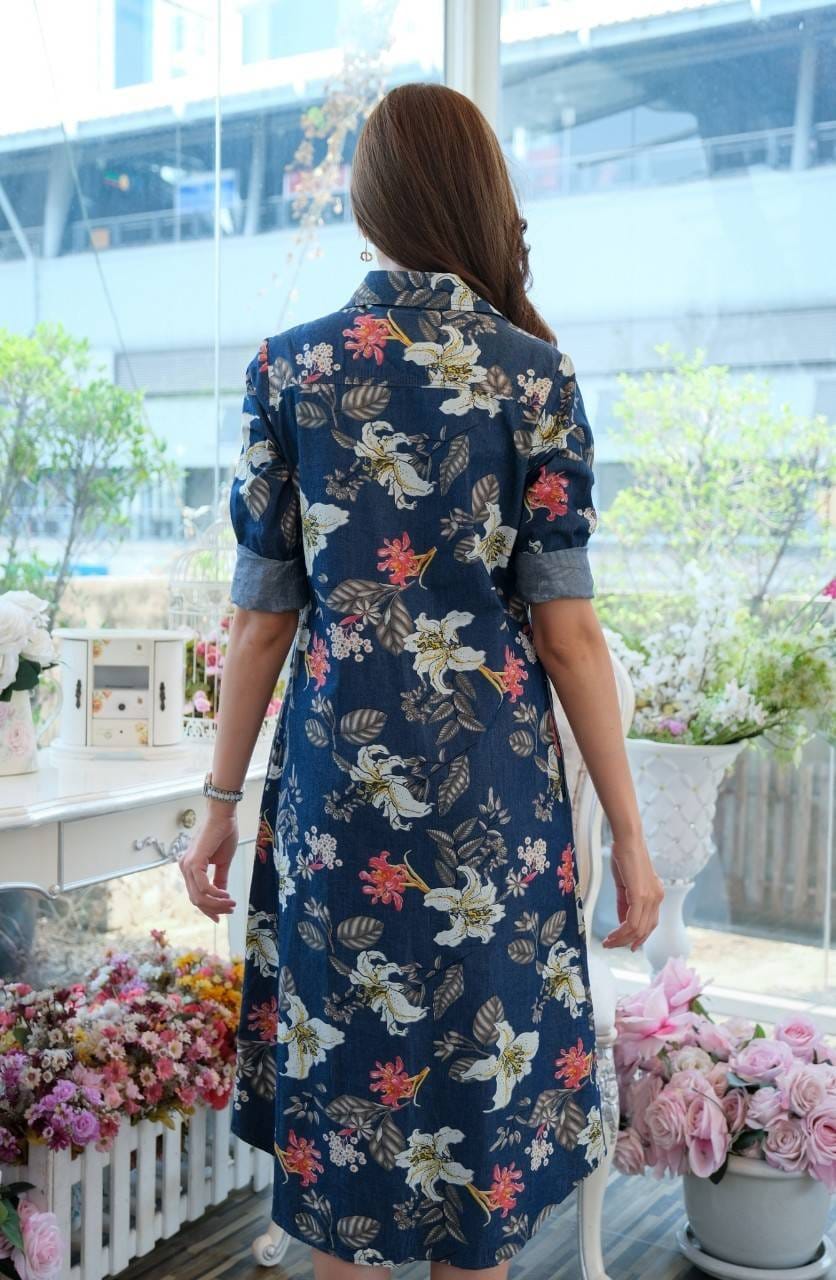 เดรสยีนส์ #8352(8089) (0/2) ผ้ายีนส์ฟอกนิ่มพิมพ์ลายดอกไม้สวยมาก ใส่สบาย ไม่ร้อน ใส่ได้หลายโอกาส