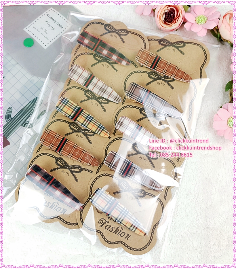 กิ๊บติดผม แบบก๊บปากเป็ด ตัวยาว ด้านบนติดแผ่นอะคลิลิค พิมพ์ลาย ขายส่ง แพ็ค 10 แผง คละลาย