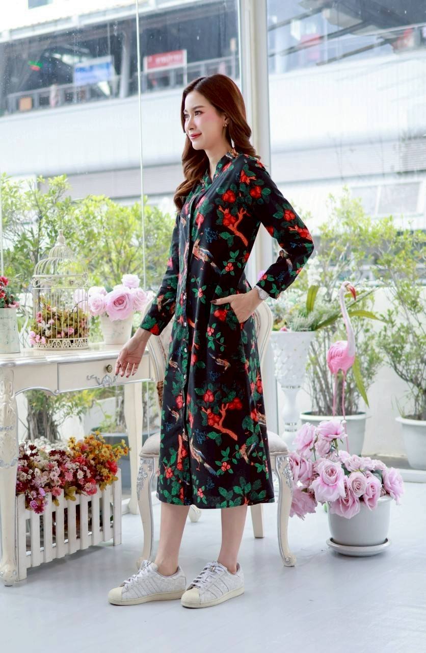 เดรสลินินผสมฝ้าย #8410 ชุดสีดำพิมพ์ลายสวยหรู ผ้าดีเนื้อนิ่มใส่สบายแบบสวยใส่ได้หลายโอกาส