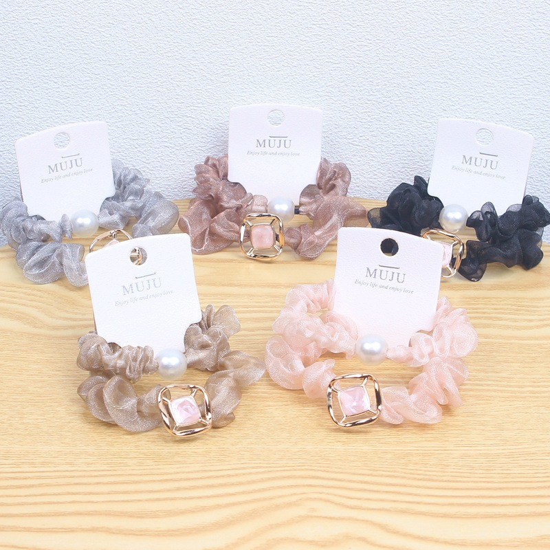 ยางรัดผม สีหวาน แพ็คคู่ ผ้าแก้วซีทรู ด้านในเป็นยาง ติดหัวมุก ขายส่ง เซต 10 คู่