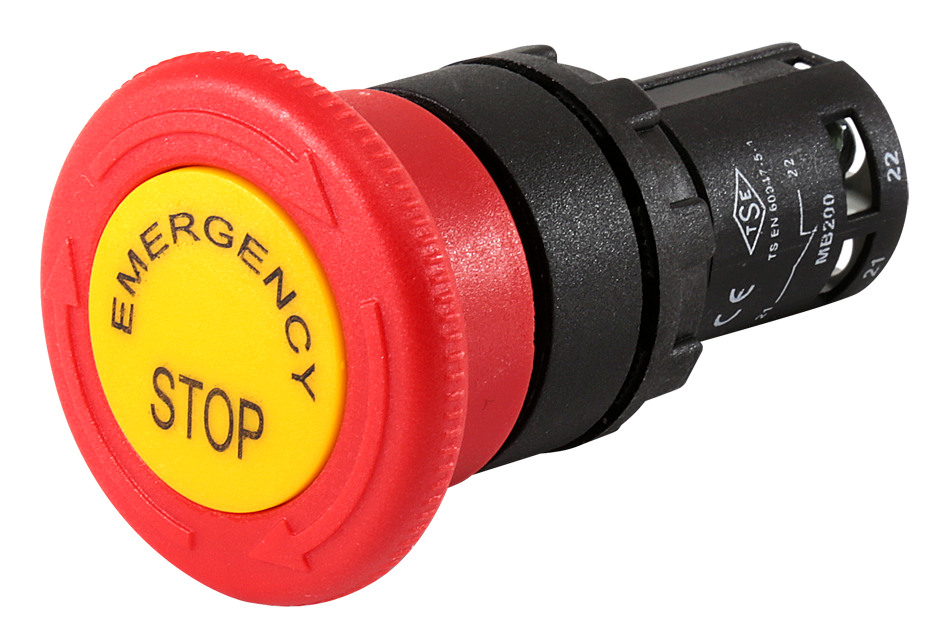 ปุ่มกดฉุกเฉิน (Emergency Stop) 22mm. รุ่น MB200EE หน้าสัมผัส 1NC พร้อมแผ่นเพลท แบรนด์ EMAS