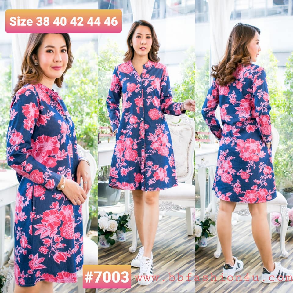 Size 38" 40" 42" 44" 46" เดรสยีนส์คอจีน (ชุดยีนส์ยาว) ผ้ายีนส์เนื้อนิ่ม ใส่สบาย ไม่ร้อน ลายดอกไม้สวยสดใส ใส่ได้หลายโอกาส