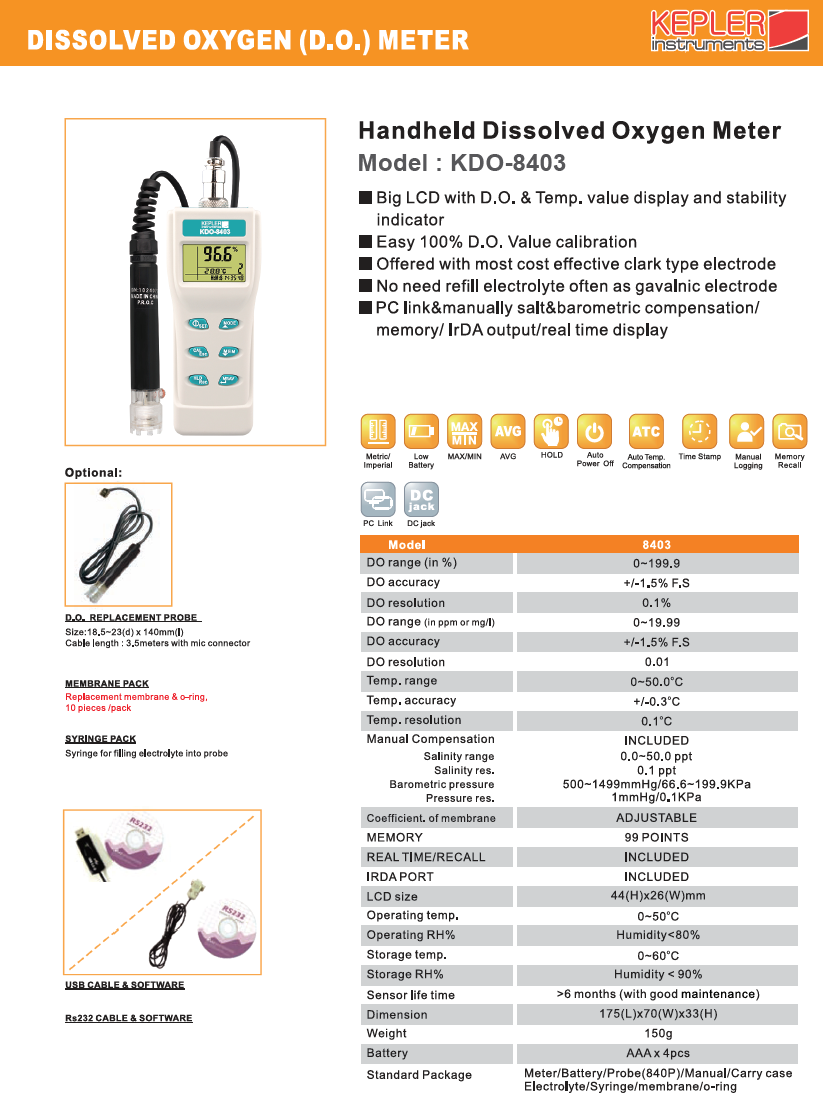 เครื่องวัดปริมาณออกซิเจนแบบมือถือ (Handheld Dissolved Oxygen Meter) แบรนด์ : KEPLER รุ่น : KDO-8403