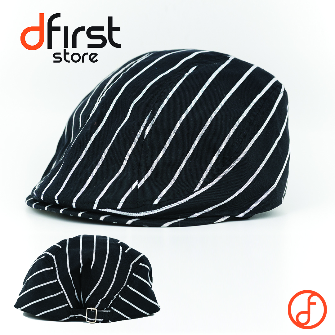 HAT014 Beret hat or Hunting hat in black with white chalk strips หมวกเบเร่ต์ หมวกฮันติ้ง ลายทางขาวดำ