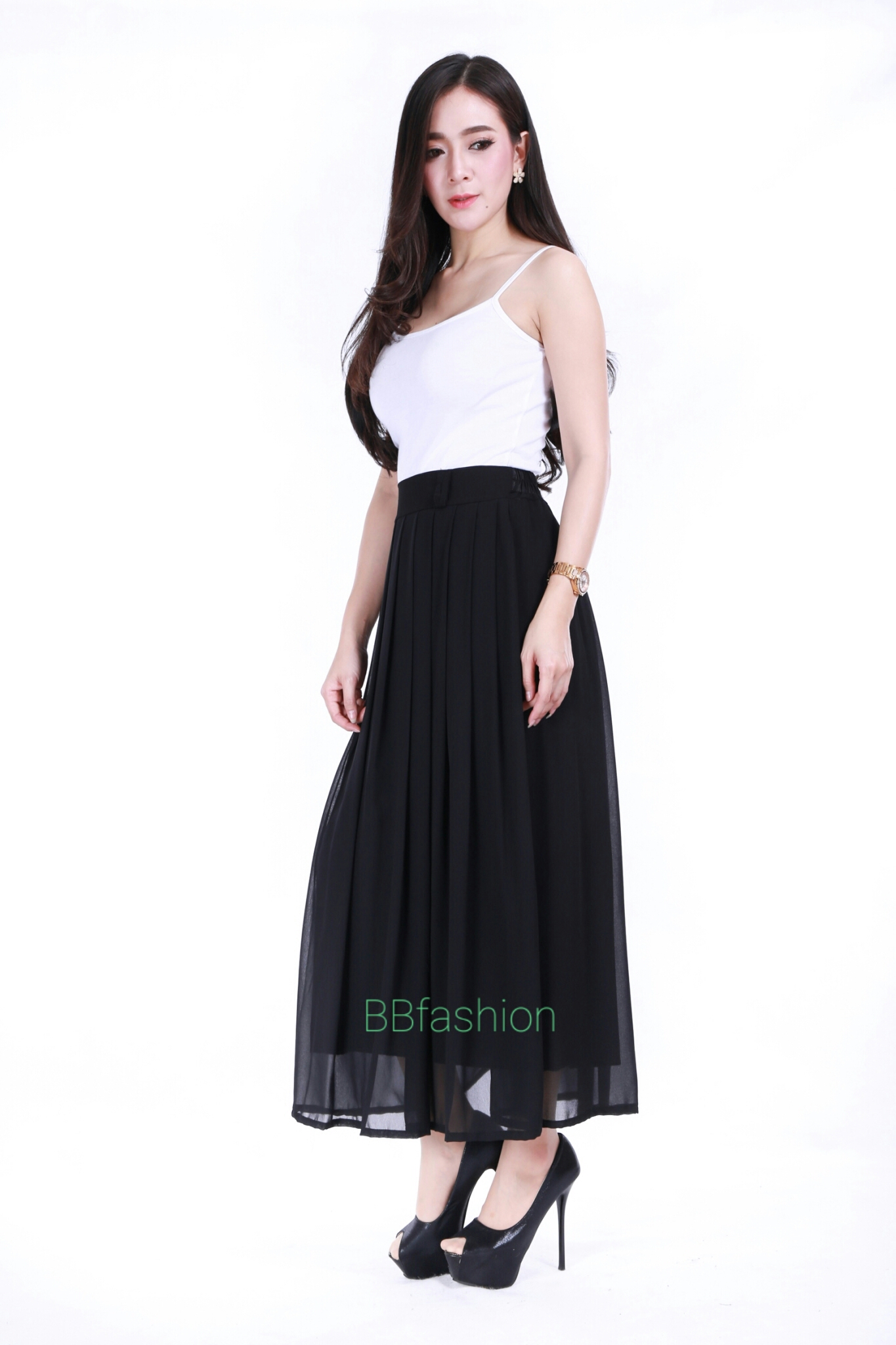 กระโปรงชีฟอง ยาว ทวิชหน้า (ไม่มีกระเป๋า) ขนาด Free size สีดำ